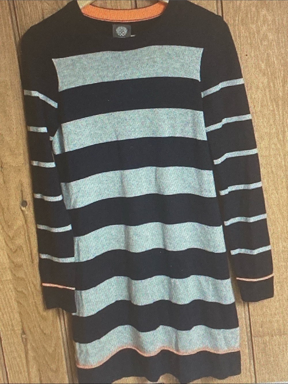 Vince Camuto Black and Gray Striped Midi Dress with Orange Trim